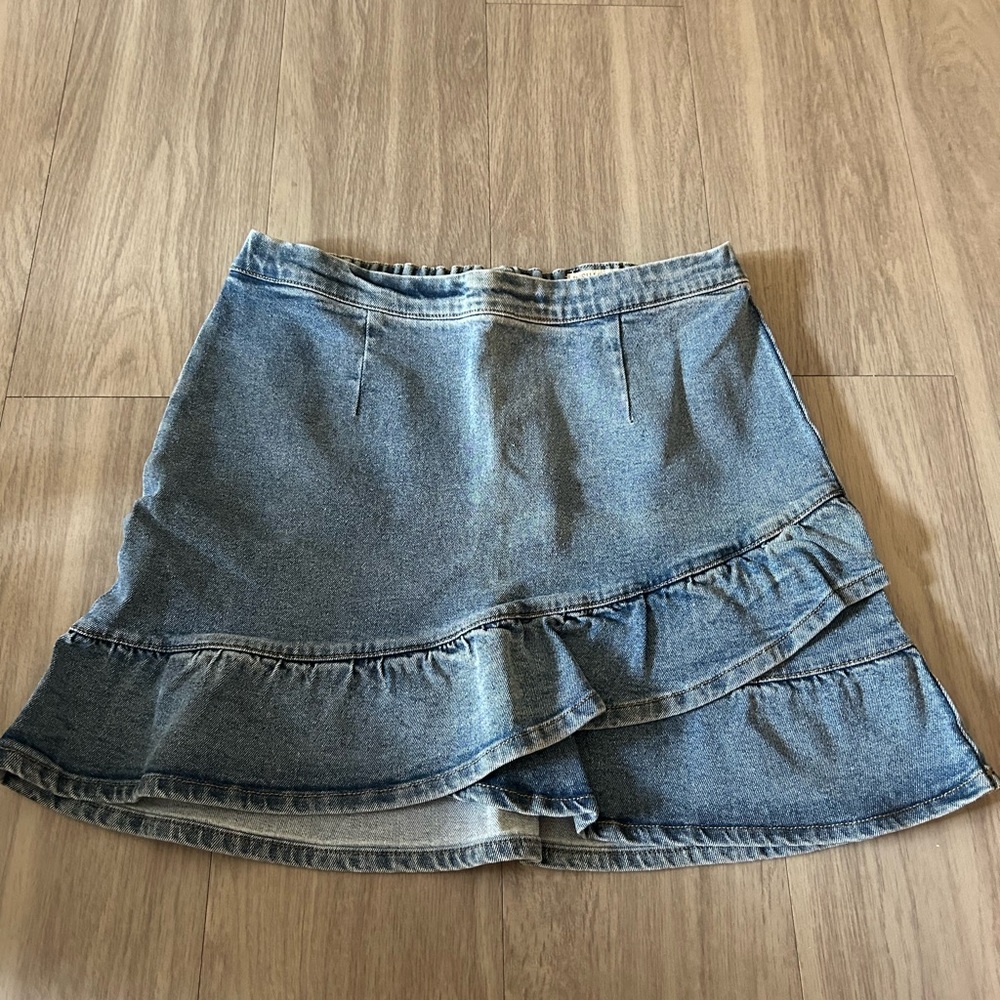 Denim Mini Skirt with Ruffle Hem - Blue